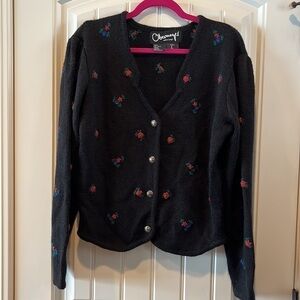 Cute granny sweater embroidered flowers/heart buttons/cool neckline/chain back L